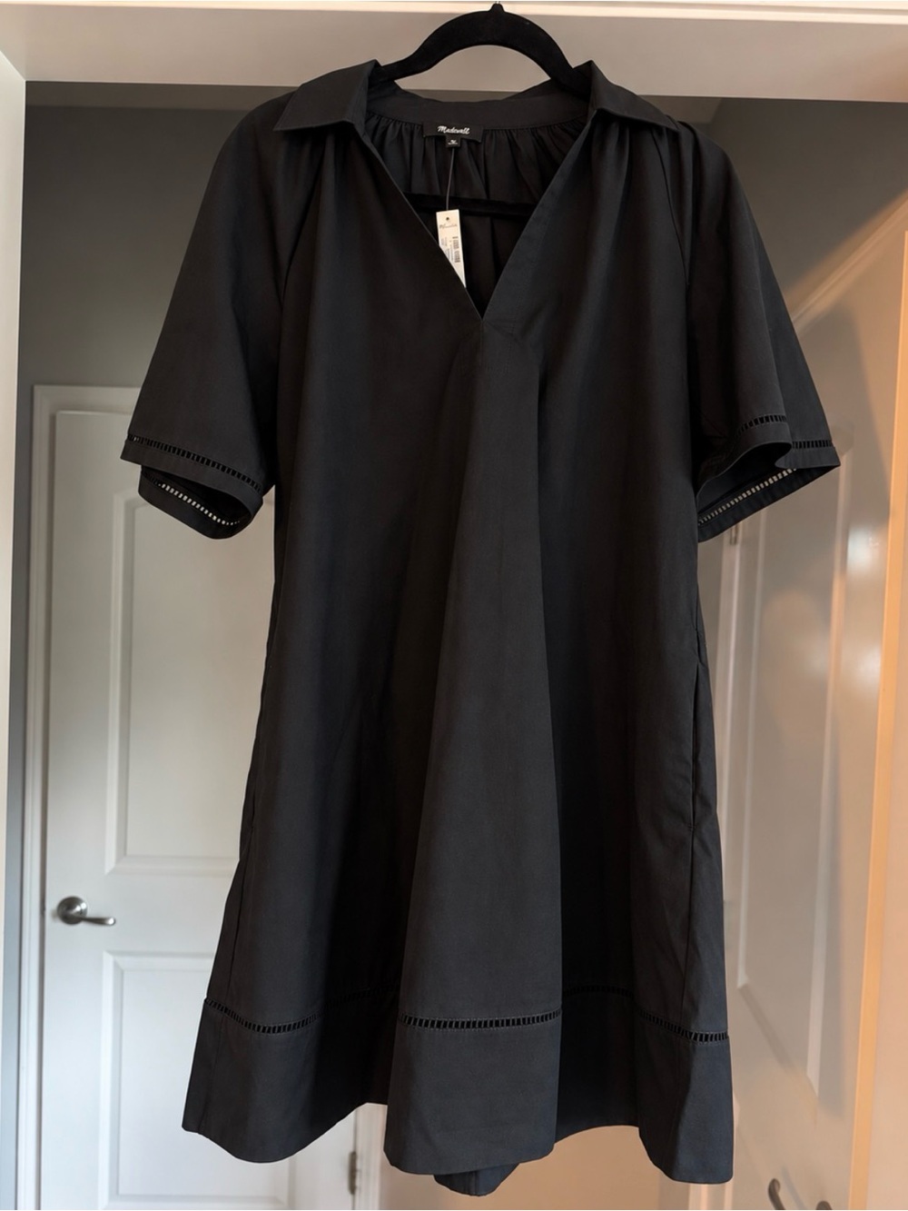 Madewell Black Poplin Splitneck Mini Dress Cotton Small NWT Classic Preppy